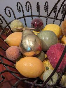lot 161 image: Decorative Metal Basket and Faux Fruit