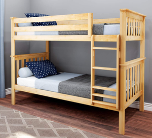 lot 233 image: Max & Lily Bunk Bed, Twin-Over-Twin Wood Bed Frame For Kids, Natural (OPEN BOX)