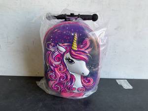 lot 314 image: KIDDIETOTES 3-D Unicorn Hardshell Ride On Suitcase Scooter for Kids
