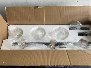 lot 341 image: Tipace Mid Century Modern 3-Light Black & Gold Bathroom Vanity Fixture with White Glass Globes