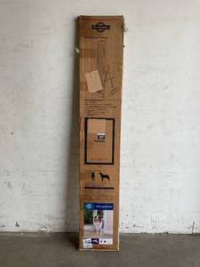 lot 76 image: PetSafe Adjustable 76 - 81 inch Large White Freedom Patio Panel Pet Door with 10-14 x 16-38 inch opening.