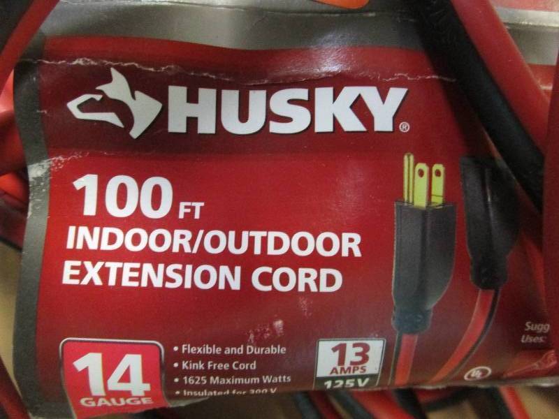Husky 100 ft. 14/3 Indoor/Outdoor Extension Cord, Red and Black (OUT OF  PACKAGING), AUCTION EXTENDED: HOME DEPOT #33 PICK UP MONDAY JULY 10TH FROM  7AM-6PM - READ LOT #1.
