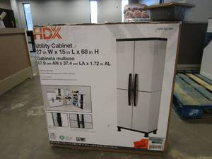 lot 300 image: HDX Plastic Freestanding Garage Cabinet in Gray (27 in. W x 68 in. H x 15 in. D) (OPEN BOX)