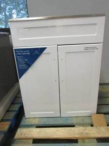 lot 301 image: Glacier Bay All-in-One Stainless Steel 24 in Laundry Sink with Faucet and Storage Cabinet in White (SLIGHT CRACK IN TOP BRACE)