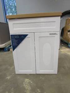 lot 302 image: Glacier Bay All-in-One Stainless Steel 24 in Laundry Sink with Faucet and Storage Cabinet in White (CRACK IN TOP BRACE, MISSING FAUCET))
