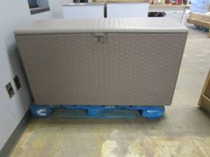 lot 304 image: Hampton Bay 120 Gal. Grey Resin Wicker Outdoor Storage Deck Box with Lockable Lid