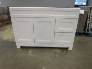 lot 305 image: Home Decorators Collection Sedgewood 48.5 in. W x 18.8 in. D x 34.4 in. H Freestanding Bath Vanity in White (CABINET ONLY, BOTTOM CORNER MISSING CHUNK, SCRATCH & DENT)