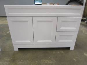lot 306 image: Home Decorators Collection Sedgewood 48.5 in. W x 18.8 in. D x 34.4 in. H Freestanding Bath Vanity in White (CABINET ONLY, SIDE PANEL SLIGHTLY LOOSE, SCRATCH & DENT)