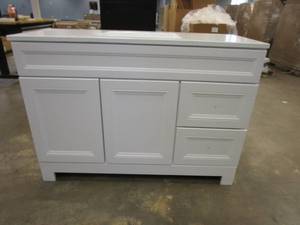 lot 307 image: Home Decorators Collection Sedgewood 48.5 in. W x 18.8 in. D x 34.4 in. H Freestanding Bath Vanity in White with Arctic Solid Surface Top (CRACK IN SIDE PANEL)