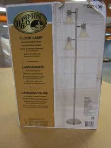lot 343 image: Hampton Bay Brushed Nickel Floor Lamp with Frosted White Shades (OPEN BOX)