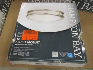 lot 395 image: Hampton Bay Flaxmere 12 in. Brushed Nickel Dimmable LED Flush Mount Ceiling Light with Frosted White Glass Shade (OPEN BOX)