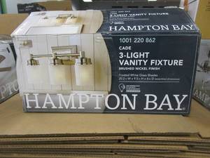 lot 396 image: Hampton Bay Cade 3-Light 20.25 in. Brushed Nickel Transitional Hardwired Bathroom Vanity Light with Frosted Glass Shades (OPEN BOX)
