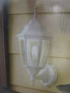lot 403 image: Hampton Bay 14.5 in. White Dusk to Dawn Decorative Outdoor Wall Lantern (OPEN BOX)