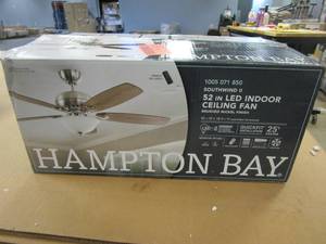 lot 409 image: Hampton Bay Southwind II 52 in. Indoor LED Brushed Nickel Ceiling Fan with Light Kit, Reversible Blades and Remote Control (OPEN BOX)