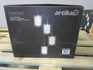 lot 415 image: Artika Crystal Cube 17-Watt Integrated LED Chrome Modern Hanging Pendant Chandelier Light Fixture for Dining Room or Kitchen (OPEN BOX)