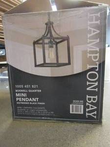 lot 427 image: Hampton Bay Boswell Quarter 9-12 in. 1-Light Distressed Black Farmhouse Mini-Pendant Kitchen Light (OPEN BOX)
