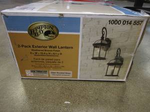 lot 430 image: Hampton Bay Wickford 1-Light Weathered Bronze Outdoor Wall Light Fixture with Clear Glass (2-Pack) (OPEN BOX)