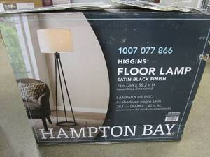 lot 432 image: Hampton Bay Higgins 56.25 in. Black Tripod Floor Lamp with Round Base (SMALL DENT IN SHADE)