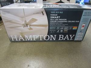 lot 433 image: Hampton Bay Fanelee 54 in. White Color Changing LED Brushed Nickel Smart Ceiling Fan with Light Kit  (MISSING REMOTE)