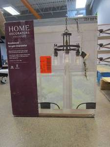 lot 436 image: Home Decorators Collection Knollwood 17-12 in. 3-Light Blackened Bronze Industrial Round Chandelier with Brass Accents & Clear Glass Shades (OPEN BOX)