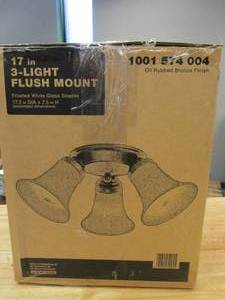 lot 445 image: Hampton Bay 17.5 in. 3-Light Oil-Rubbed Bronze Flush Mount with Bell Shaped Frosted Glass Shades (OPEN BOX)