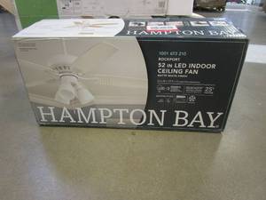 lot 459 image: Hampton Bay Rockport 52 in. Indoor LED Matte White Ceiling Fan with Light Kit, Downrod, Reversible Blades and Reversible Motor (OPEN BOX)