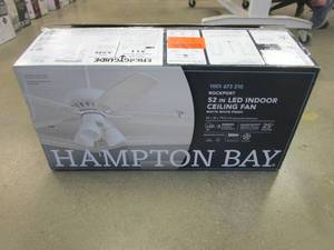 lot 462 image: Hampton Bay Rockport 52 in. Indoor LED Matte White Ceiling Fan with Light Kit, Downrod, Reversible Blades and Reversible Motor (OPEN BOX)