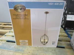 lot 418 image: Hampton Bay Findlay 3-Light Brushed Nickel Chandelier with Etched White Glass Shades (OPEN BOX)