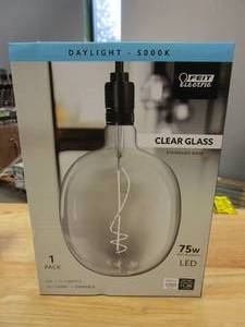 lot 423 image: Feit Electric 75-Watt Equivalent C53 Dimmable Curve Filament Oversized Clear Glass E26 Vintage Edison LED Light Bulb Daylight 5000K