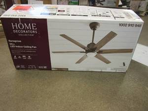 lot 444 image: Home Decorators Collection Kensgrove 54 in. Integrated LED Brushed Nickel Ceiling Fan with Light and Remote Control (OPEN BOX)