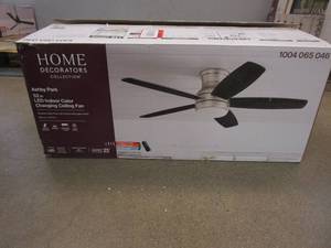 lot 457 image: Home Decorators Collection Ashby Park 52 in. White Color Changing Integrated LED Brushed Nickel Ceiling Fan with Light Kit and Remote Control (OPEN BOX)