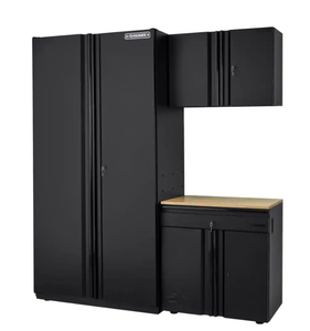 lot 338 image: Husky 3-Piece Extra Wide Heavy Duty Welded Steel Garage Storage System in Black (74 in. W x 82 in. H x 24 in. D) (VERY SMALL DENT ON SIDE OF LARGE CABINET)
