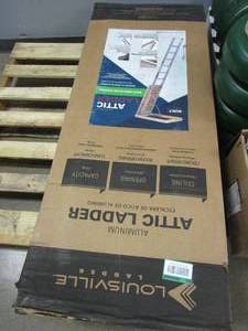 lot 526 image: Louisville Ladder 7 ft. 8 in. to 10 ft. 3 in., 22.5 in. x 54 in. Aluminum Attic Ladder with 375 lbs. Maximum Load Capacity (OPEN BOX)
