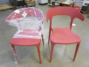 lot 527 image: LOT OF 2 - Modern Plastic Outdoor Dining Chair with Open U Shaped Back in Red