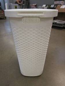lot 528 image: Mind Reader Basket Collection 60 Liter (15kg33lbs) Capacity Laundry Hamper, Cut Out Handles, Attached Hinged Lid, White (DENT ON SIDE)
