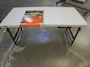 lot 472 image: Lifetime 4 ft. One Hand Adjustable Height Fold-in-Half Table Almond