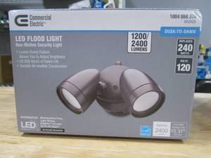 lot 573 image: Commercial Electric Dusk to Dawn Sensor Bronze Exterior Outdoor Twin Head LED Flood Light Security 1200 to 2400 Lumens 4000K Wet Rated (OPEN BOX)