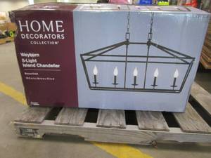 lot 611 image: Home Decorators Collection Weyburn 5-Light 36 in. Bronze Caged Farmhouse Linear Island Hanging Chandelier for Kitchen (OPEN BOX)