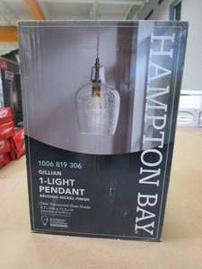 lot 613 image: Hampton Bay Gillian 1-Light Brushed Nickel Cone Mini Pendant with Clear Hammered Glass (OPEN BOX)