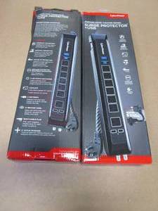 lot 614 image: 2 PACK - CyberPower 7-Outlet Surge Protector 6 ft. Braided Cord USB Coax, Black