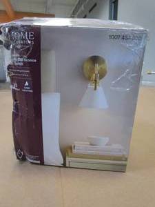 lot 617 image: Home Decorators Collection Granville Collection Gold & White Wall Sconce Modern 1-light Bathroom Vanity Lighting with Bell-shaped Metal Shade(OPEN BOX)