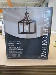 lot 619 image: Hampton Bay Boswell Quarter 9-12 in. 1-Light Distressed Black Farmhouse Mini-Pendant Kitchen Light (OPEN BOX)