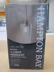 lot 620 image: Hampton Bay Pavlen 1-Light Brushed Nickel Contemporary Hanging Mini Pendant with Clear Glass Shade (MISSING HARDWARE)