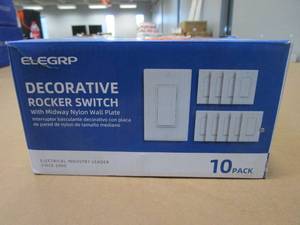 lot 631 image: Decor 15 Amp Single Pole Rocker Light Switch with Wall Plate, White (10-Pack) (OPEN BOX)