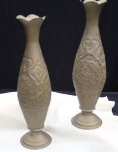 lot 58 image: PAIR OF VINTAGE BRASS VASES WITH BEAUTIFUL ETCHING