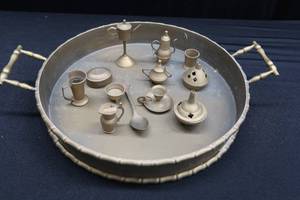 lot 62 image: LOT OF BRASS MINIS WITH LARGE BRASS SERVING TRAY