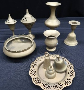 lot 67 image: SERIOUS BRASS LOT OF BELLS AND JARS AND VASES OH MY.