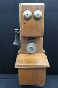 lot 91 image: VINTAGE WOODEN TELEPHONE . OVERSIZED