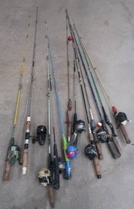 lot 104 image: 12 ASSORTED FISHING RODS AND REELS