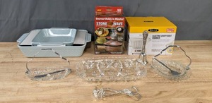 lot 122 image: NEW Kitchen Essentials Bella Electric Gravy Boat Warmer, Stone Ware Microwave Cooker, Threshold Stoneware, Decorative Butter Dish, & More  K
